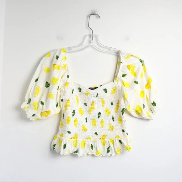 NWT Forever 21 Smocked Lemon Print cropped top cottagecore 100% cotton S novelty - Picture 3 of 9